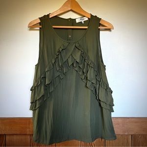 TIBI Olive Silk Ruffled Camisole with Gold Accents Size 10